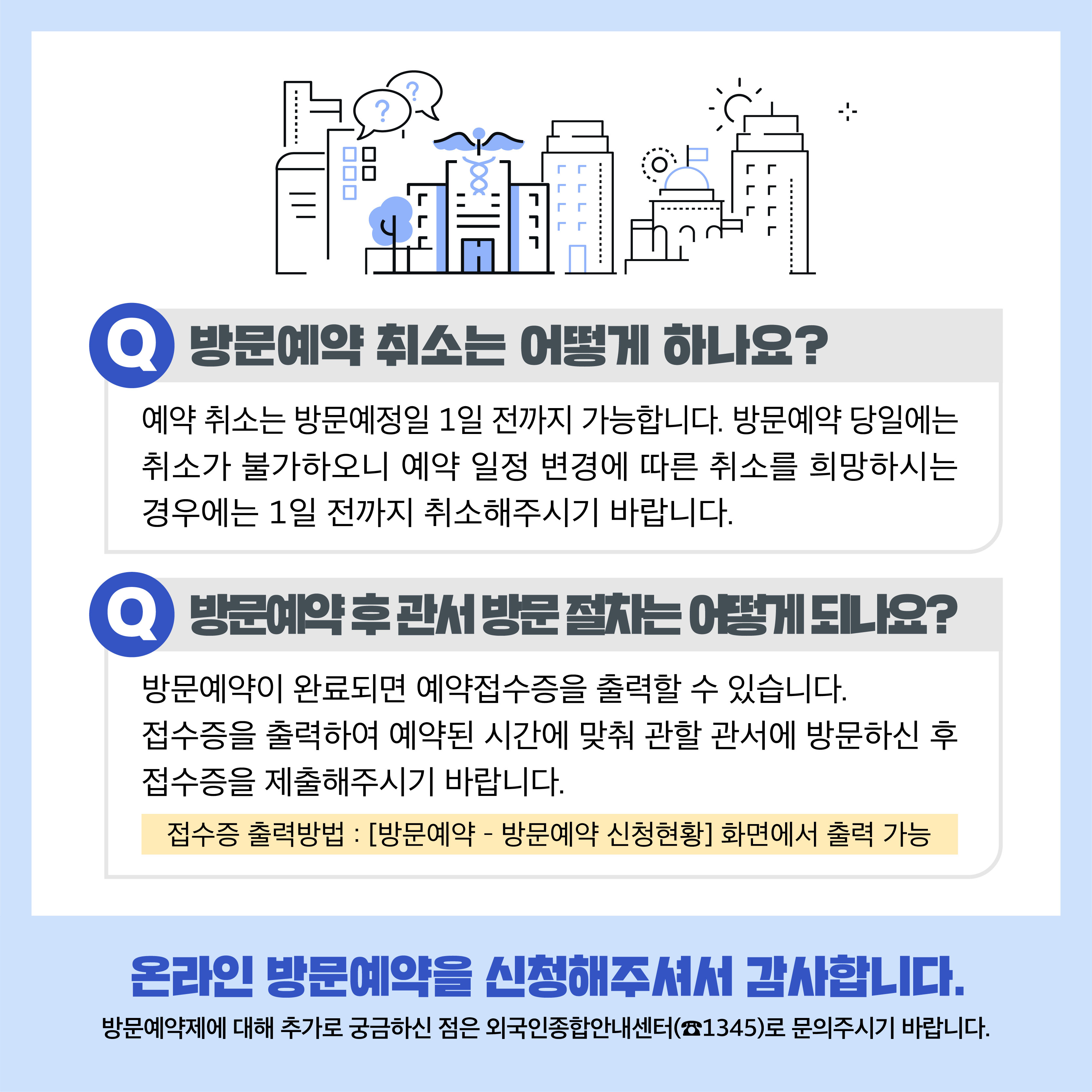 Q 방문예약 취소는 어떻게 하나요? 예약 취소는 방문예정일 1일 전까지 가능합니다. 방문예약 당일에는 취소가 불가하오니 예약 일정 변경에 따른 취소를 희망하시는 경우에는 1일 전까지 취소해주시기 바랍니다. Q 방문예약 후 관서 방문 절차는 어떻게 되나요? 방문예약이 완료되면 예약접수증을 출력할 수 있습니다. 접수증을 출력하여 예약된 시간에 맞취 관할 관서에 방문하신 후 접수증을 제출해주시기 바랍니다. 접수증 출력방법 : [방문예약 - 방문예약 신청현황〕 화면에서 출력 가능  온라인 방문예약을 신청해주셔서 감사합니다. 방문예약제에 대해 추가로 궁금하신 점은 외국인종합안내센터(☎1345)로 문의주시기 바랍니다.